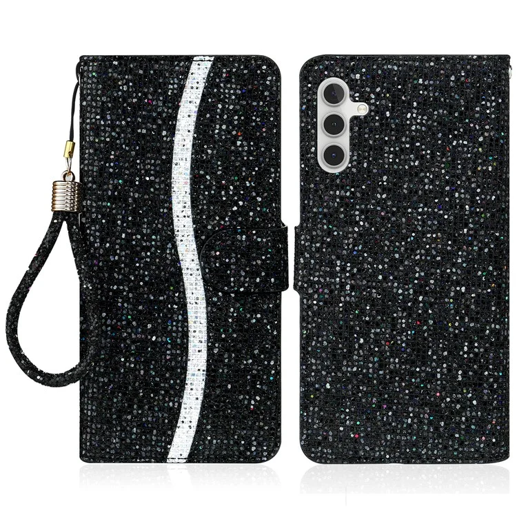 For Samsung Galaxy A15 5G Leather Case Glitter Splicing Phone Cover with Wallet Card Slots - Black