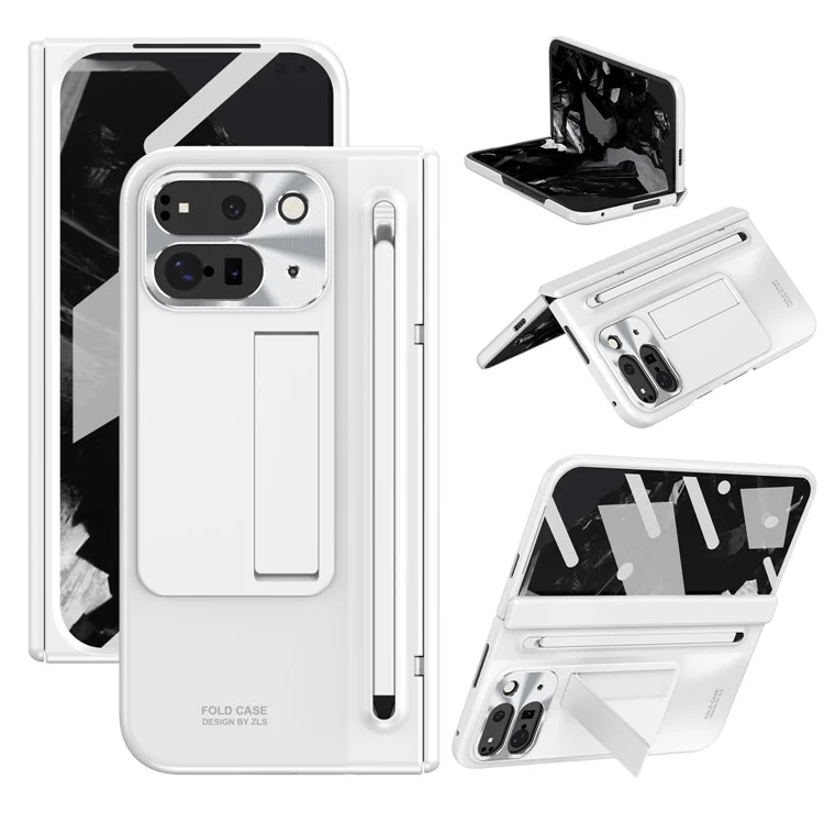 Étui pour Google Pixel 9 Pro Fold 5G avec support, film en verre trempé et stylet - Blanc