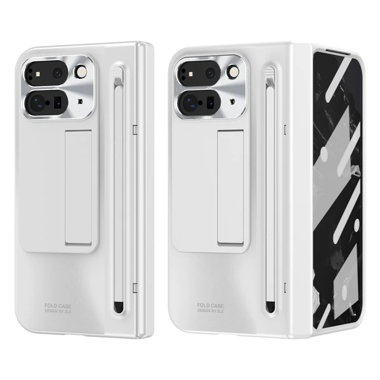 Étui pour Google Pixel 9 Pro Fold 5G avec support, film en verre trempé et stylet - Blanc