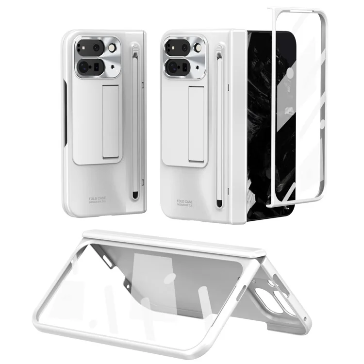 Étui pour Google Pixel 9 Pro Fold 5G avec support, film en verre trempé et stylet - Blanc