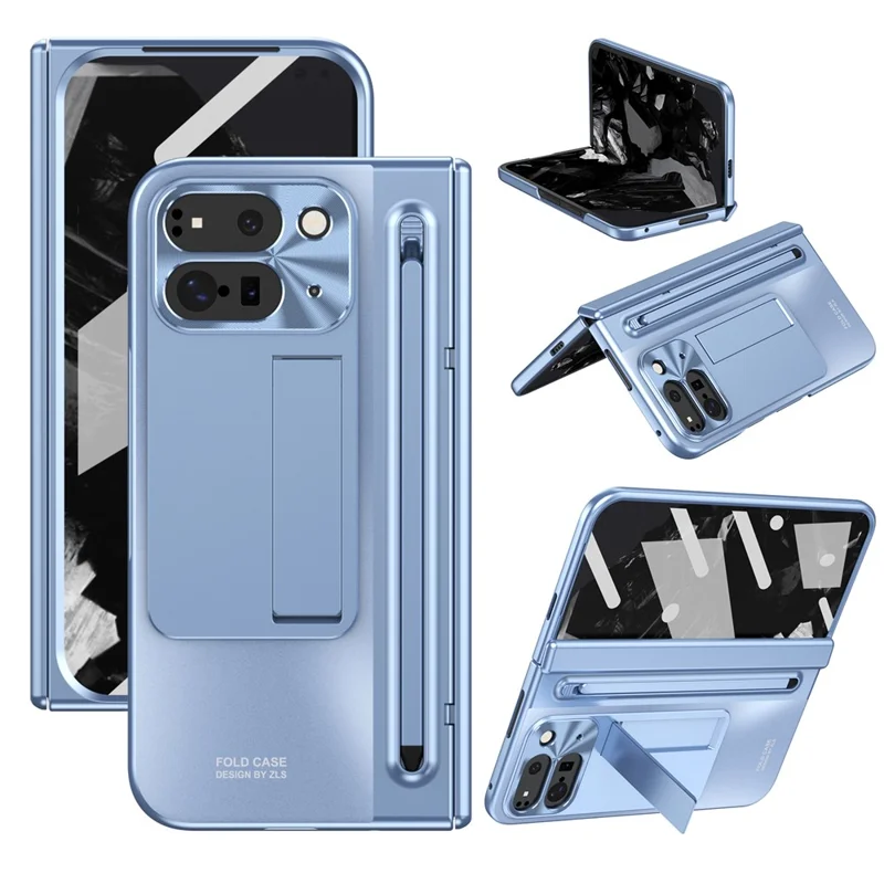 For Google Pixel 9 Pro Fold 5G Case Kickstand Hinge PC Phone Cover with Tempered Glass Film, Stylus - Blue