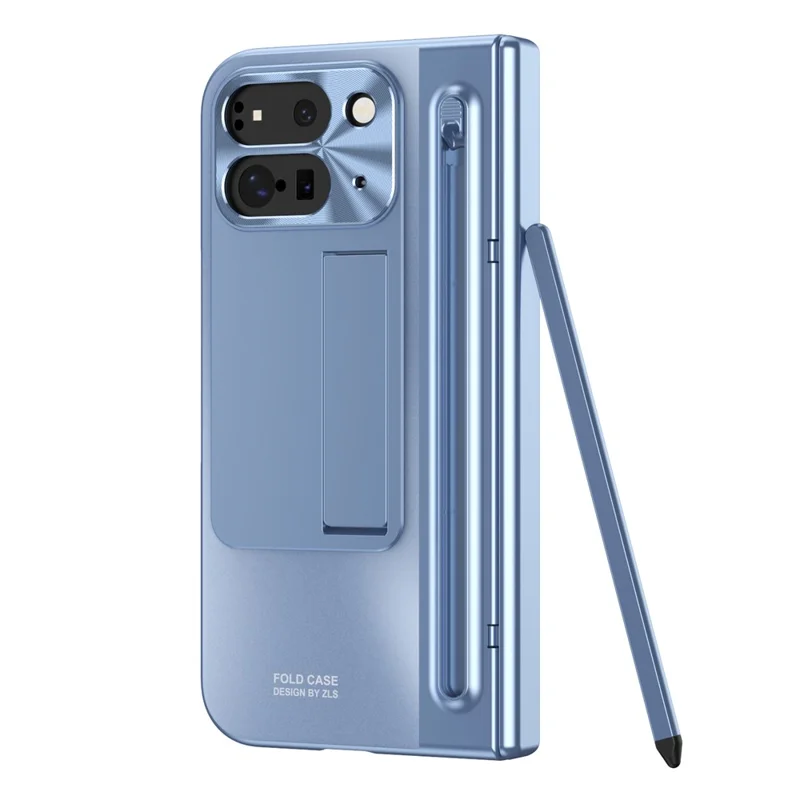 For Google Pixel 9 Pro Fold 5G Case Kickstand Hinge PC Phone Cover with Tempered Glass Film, Stylus - Blue