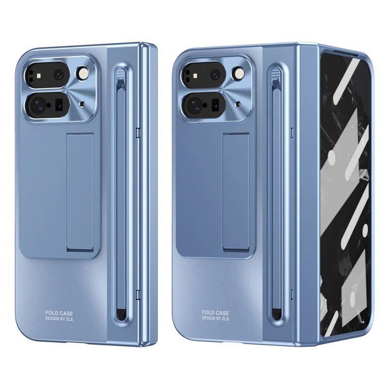 For Google Pixel 9 Pro Fold 5G Case Kickstand Hinge PC Phone Cover with Tempered Glass Film, Stylus - Blue