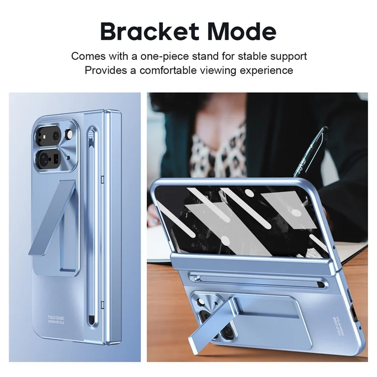 For Google Pixel 9 Pro Fold 5G Case Kickstand Hinge PC Phone Cover with Tempered Glass Film, Stylus - Blue