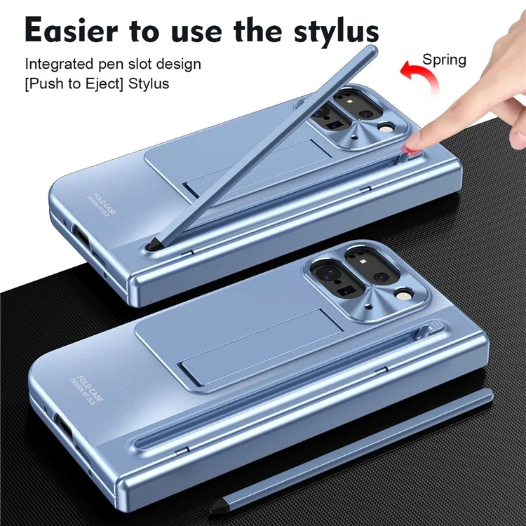 For Google Pixel 9 Pro Fold 5G Case Kickstand Hinge PC Phone Cover with Tempered Glass Film, Stylus - Blue
