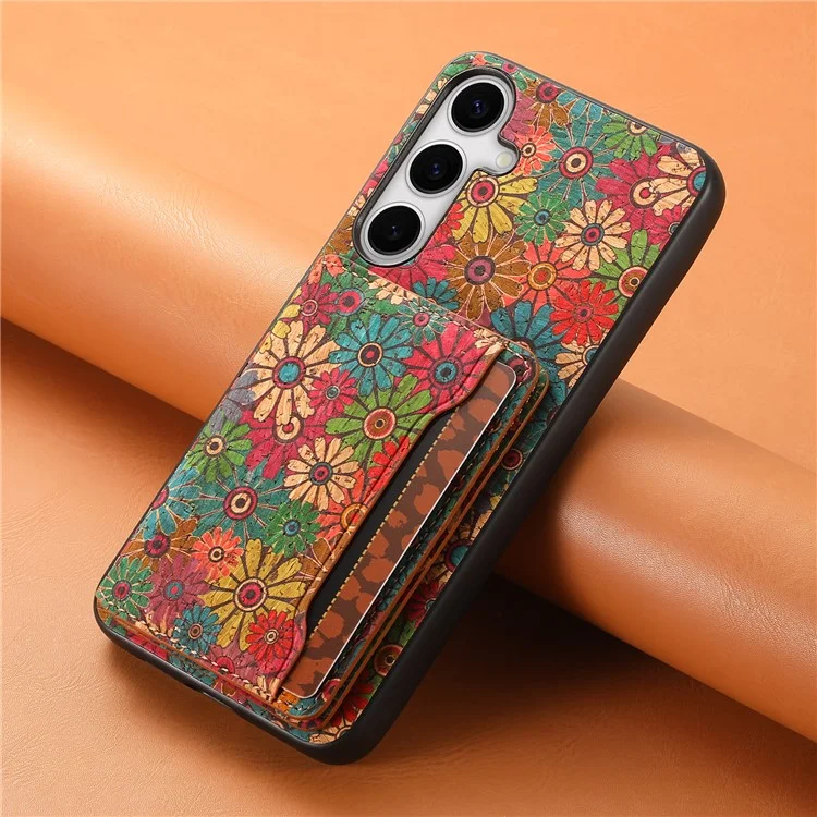 For Samsung Galaxy S24 Cases Kickstand PU+TPU+PC Floral Pattern Phone Cover Card Holder - Spring / Green