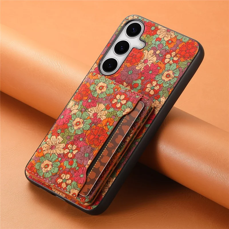 For Samsung Galaxy S24 Cases Kickstand PU+TPU+PC Floral Pattern Phone Cover Card Holder - Summer / Red