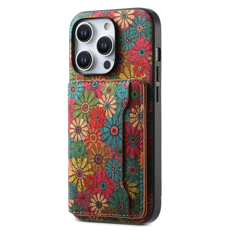 For iPhone 15 Pro Kickstand Case Card Holder PU+TPU+PC Phone Cover with Floral Pattern - Spring  /  Green