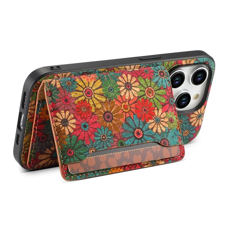 For iPhone 15 Pro Kickstand Case Card Holder PU+TPU+PC Phone Cover with Floral Pattern - Spring  /  Green