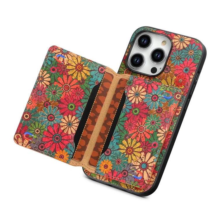 For iPhone 15 Pro Kickstand Case Card Holder PU+TPU+PC Phone Cover with Floral Pattern - Spring  /  Green