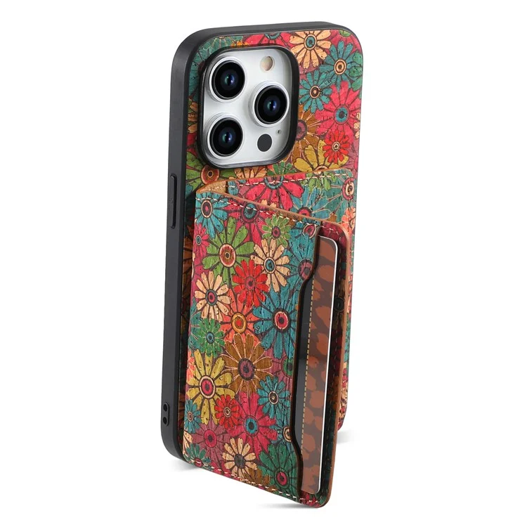For iPhone 15 Pro Kickstand Case Card Holder PU+TPU+PC Phone Cover with Floral Pattern - Spring  /  Green