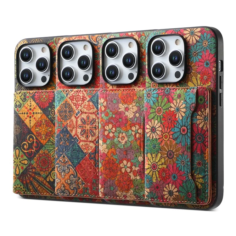 For iPhone 15 Pro Kickstand Case Card Holder PU+TPU+PC Phone Cover with Floral Pattern - Spring  /  Green