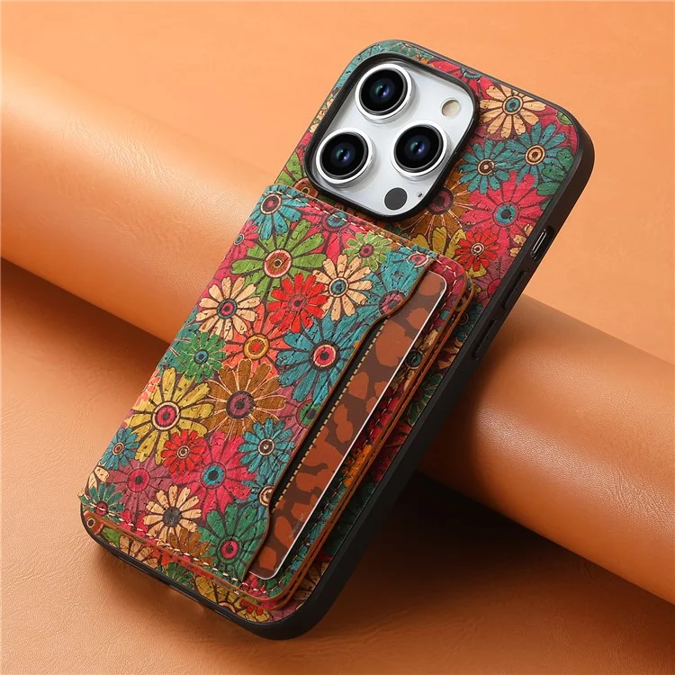 For iPhone 15 Pro Kickstand Case Card Holder PU+TPU+PC Phone Cover with Floral Pattern - Spring  /  Green
