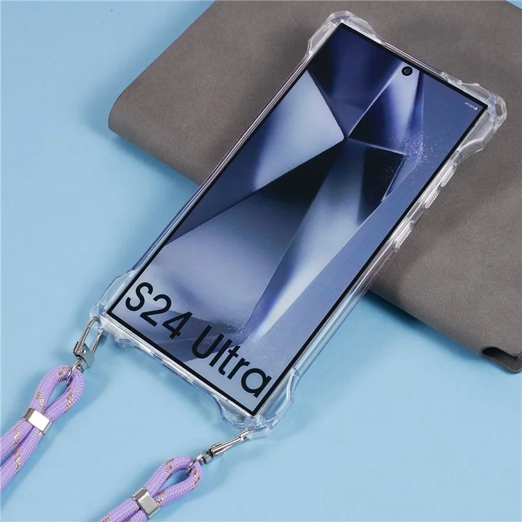 For Samsung Galaxy S24 Ultra Cover Gradient Anti-fall TPU+Acrylic Cell Phone Case with Long Strap - Pink+Purple