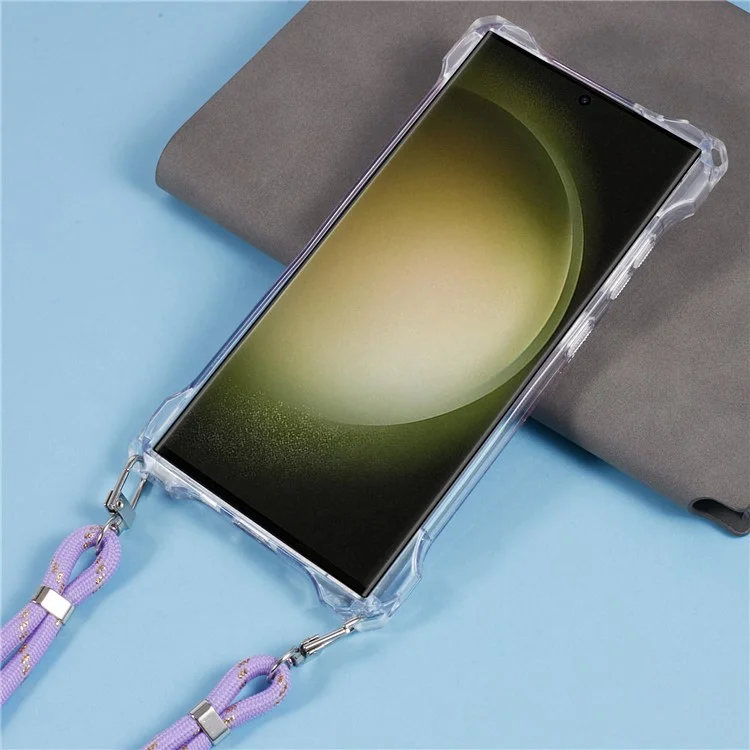 For Samsung Galaxy S23 Ultra Case Gradient TPU+Acrylic Phone Back Cover with Strap - Pink+Purple