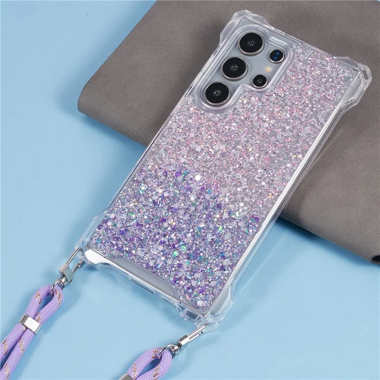 For Samsung Galaxy S23 Ultra Case Gradient TPU+Acrylic Phone Back Cover with Strap - Pink+Purple