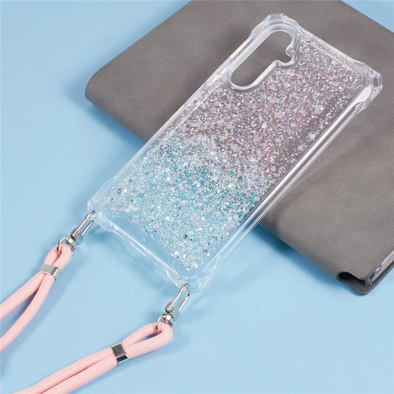 For Samsung Galaxy S24+ Cover Gradient Shockproof TPU+Acrylic Cell Phone Case with Carrying Strap - Pink+Green