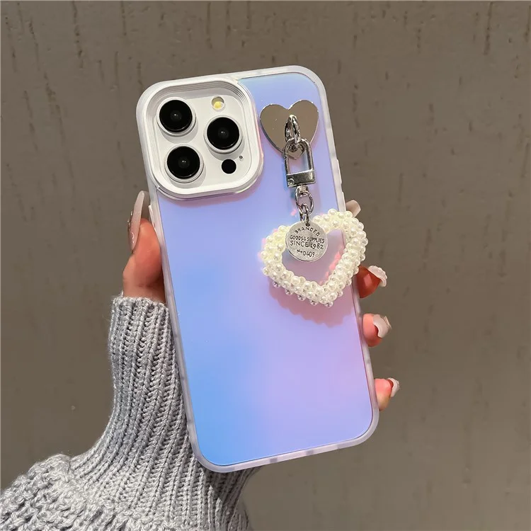 For iPhone 14 Pro Max Case Matte Laser Effect PC+TPU Phone Cover with Pearls Heart Pendant - White
