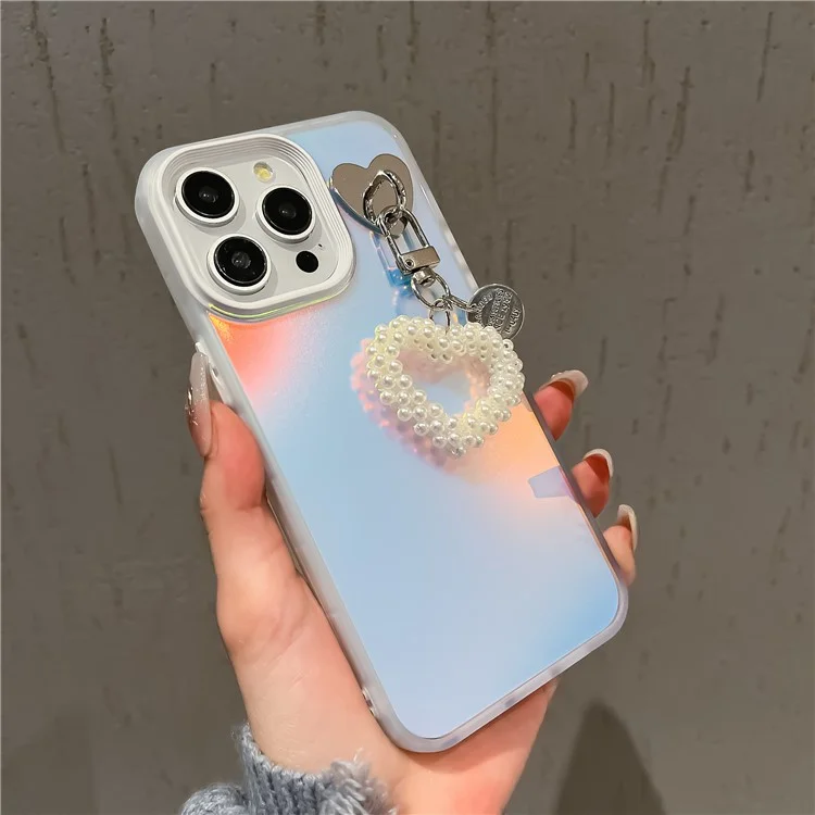 For iPhone 14 Pro Max Case Matte Laser Effect PC+TPU Phone Cover with Pearls Heart Pendant - White