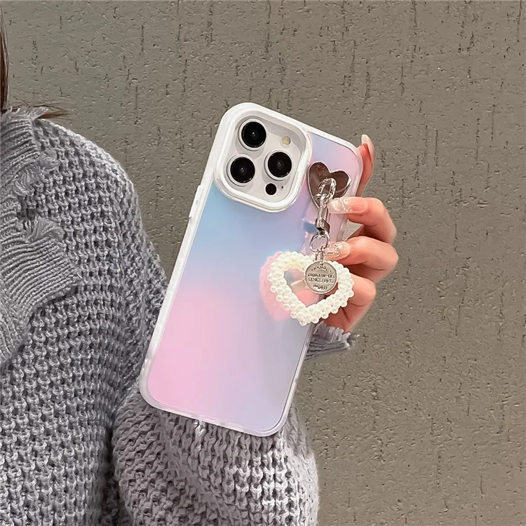For iPhone 14 Pro Max Case Matte Laser Effect PC+TPU Phone Cover with Pearls Heart Pendant - White