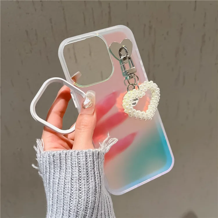 For iPhone 14 Pro Max Case Matte Laser Effect PC+TPU Phone Cover with Pearls Heart Pendant - White