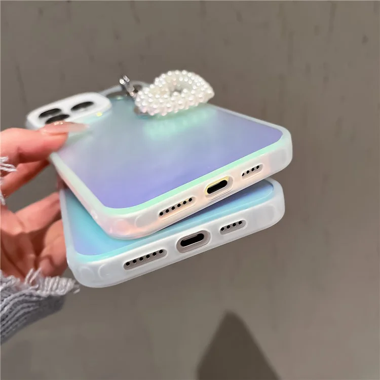 For iPhone 14 Pro Max Case Matte Laser Effect PC+TPU Phone Cover with Pearls Heart Pendant - White