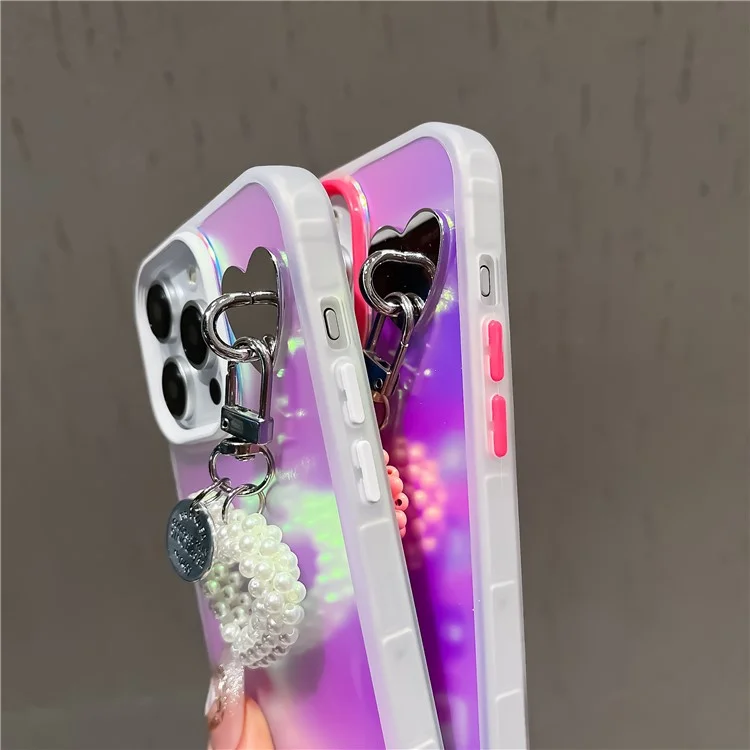 For iPhone 14 Pro Max Case Matte Laser Effect PC+TPU Phone Cover with Pearls Heart Pendant - White