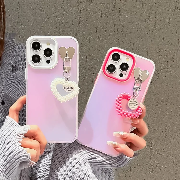For iPhone 14 Pro Max Case Matte Laser Effect PC+TPU Phone Cover with Pearls Heart Pendant - White