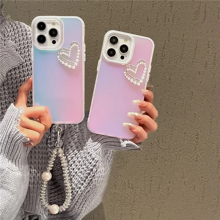 For iPhone 13 Pro Max Case Matte Laser PC+TPU Pearls Heart Anti-drop Phone Cover with Hand Strap - Transparent