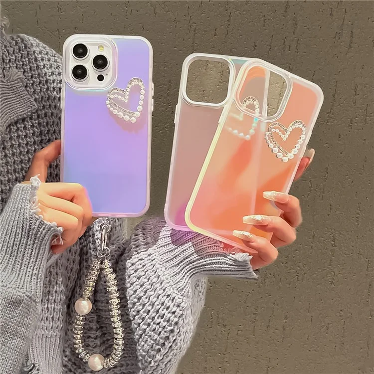 For iPhone 13 Pro Max Case Matte Laser PC+TPU Pearls Heart Anti-drop Phone Cover with Hand Strap - Transparent