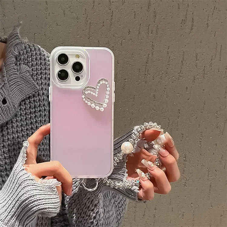 For iPhone 13 Pro Max Case Matte Laser PC+TPU Pearls Heart Anti-drop Phone Cover with Hand Strap - Transparent