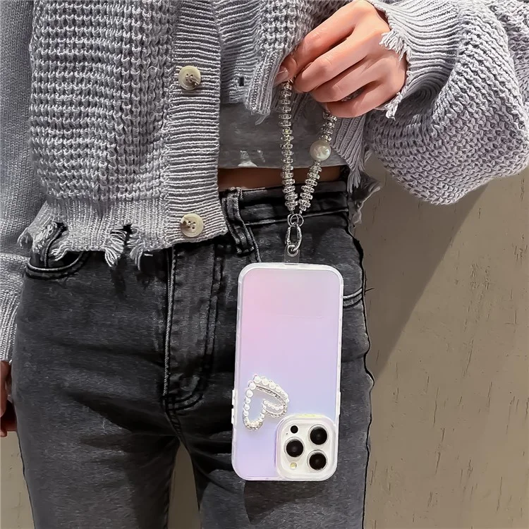 For iPhone 13 Pro Max Case Matte Laser PC+TPU Pearls Heart Anti-drop Phone Cover with Hand Strap - Transparent