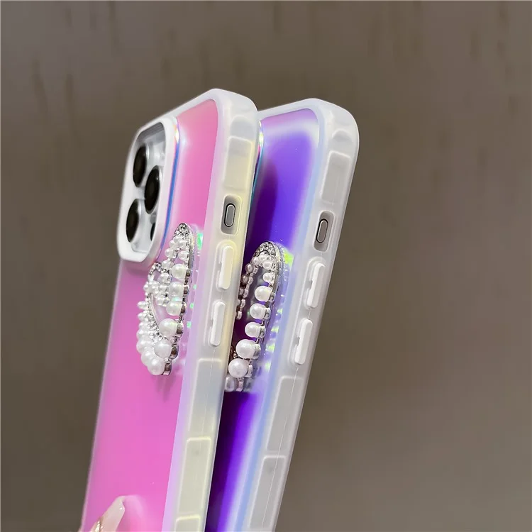 For iPhone 13 Pro Max Case Matte Laser PC+TPU Pearls Heart Anti-drop Phone Cover with Hand Strap - Transparent