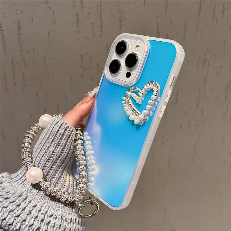 For iPhone 13 Pro Max Case Matte Laser PC+TPU Pearls Heart Anti-drop Phone Cover with Hand Strap - Transparent