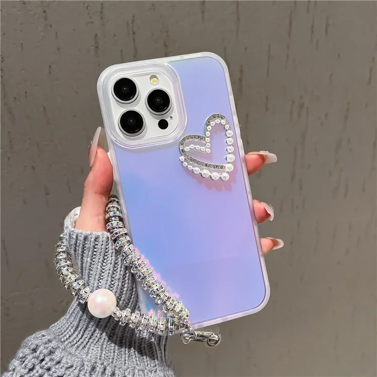 For iPhone 13 Pro Max Case Matte Laser PC+TPU Pearls Heart Anti-drop Phone Cover with Hand Strap - Transparent