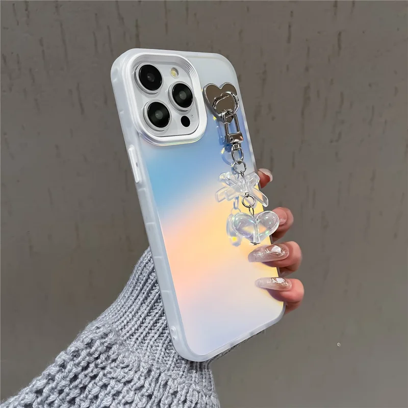 For iPhone 12 / 12 Pro Case Heart Bowknot Pendant PC+TPU Laser Effect Matte Phone Cover - White