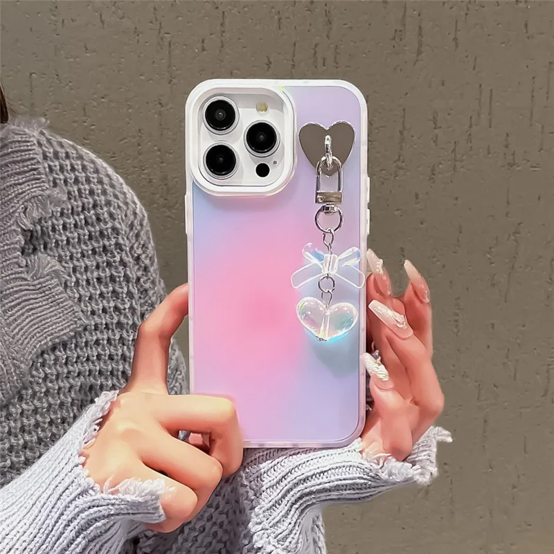 For iPhone 12 / 12 Pro Case Heart Bowknot Pendant PC+TPU Laser Effect Matte Phone Cover - White