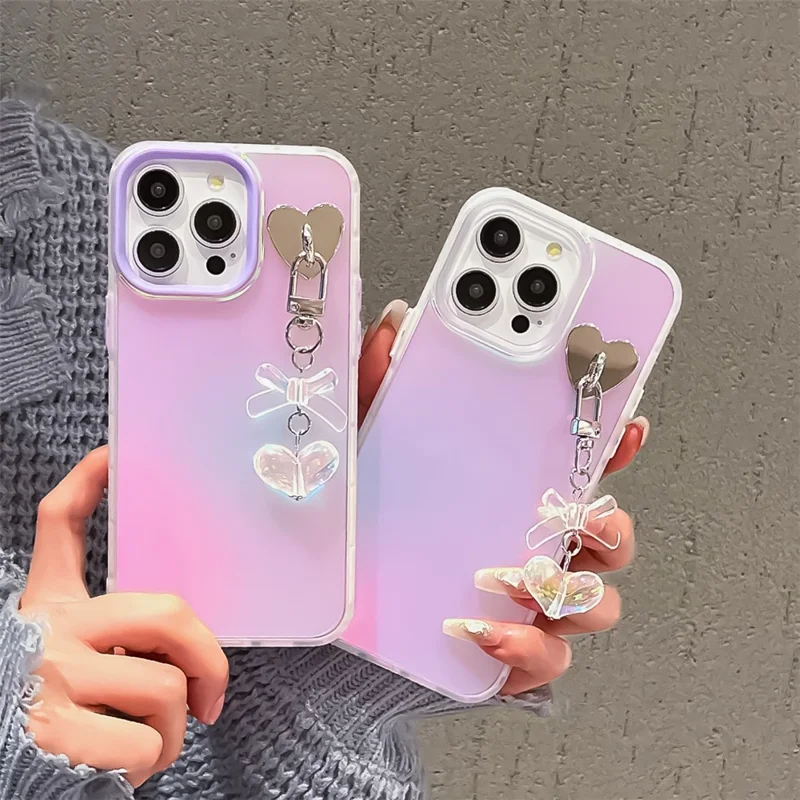 For iPhone 12 / 12 Pro Case Heart Bowknot Pendant PC+TPU Laser Effect Matte Phone Cover - White
