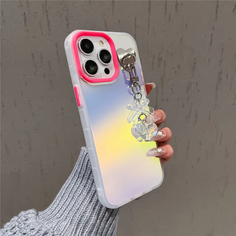 For iPhone 12 / 12 Pro Case Heart Bowknot Pendant PC+TPU Laser Effect Matte Phone Cover - Rose