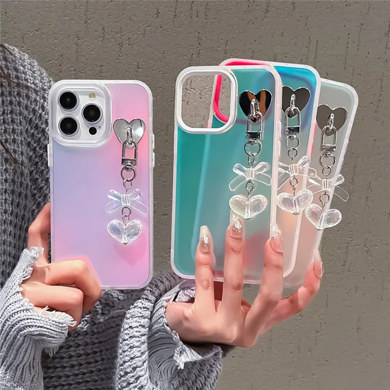 For iPhone 12 / 12 Pro Case Heart Bowknot Pendant PC+TPU Laser Effect Matte Phone Cover - Rose