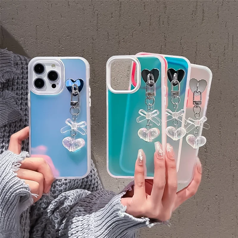 For iPhone 12 / 12 Pro Case Heart Bowknot Pendant PC+TPU Laser Effect Matte Phone Cover - Rose