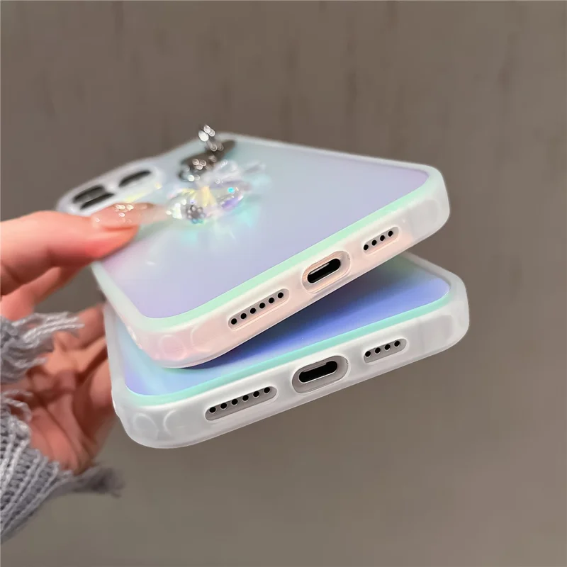 For iPhone 12 / 12 Pro Case Heart Bowknot Pendant PC+TPU Laser Effect Matte Phone Cover - Rose