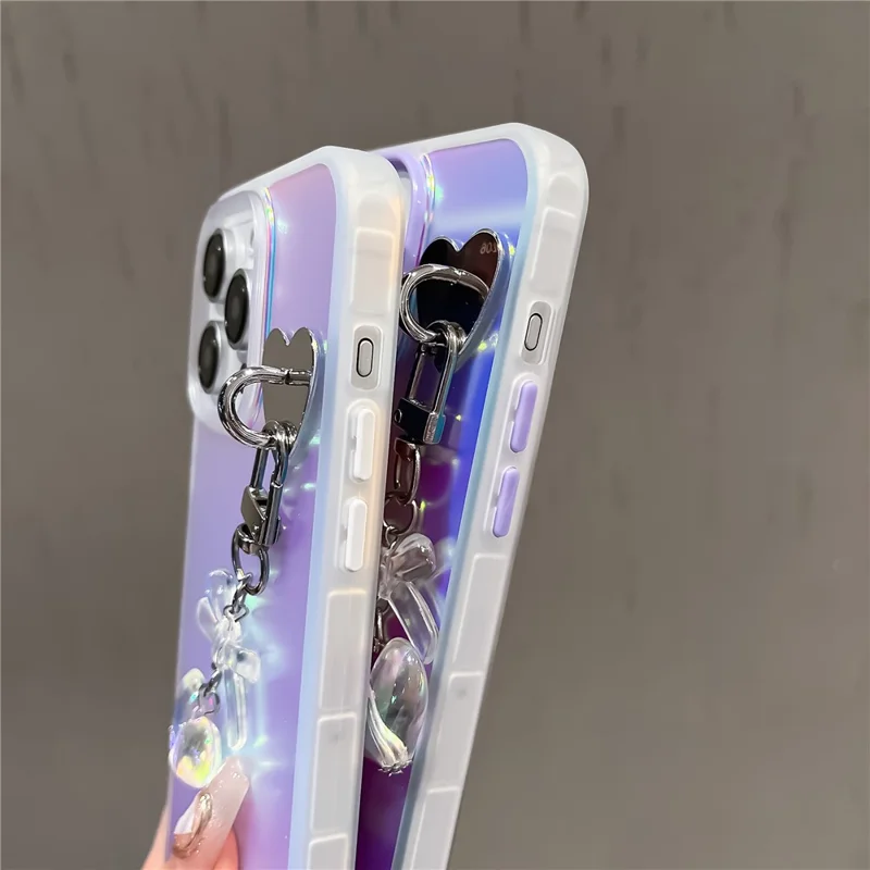 For iPhone 12 / 12 Pro Case Heart Bowknot Pendant PC+TPU Laser Effect Matte Phone Cover - Rose