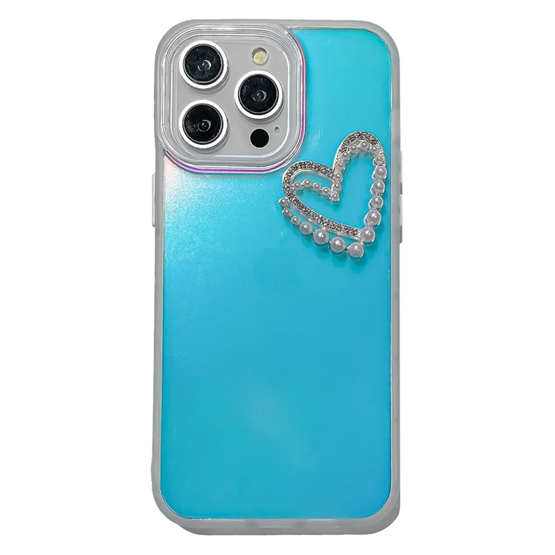 For iPhone 13 Pro 6.1 inch Case Laser Effect PC+TPU Pearls Heart Decor Matte Phone Cover - Transparent
