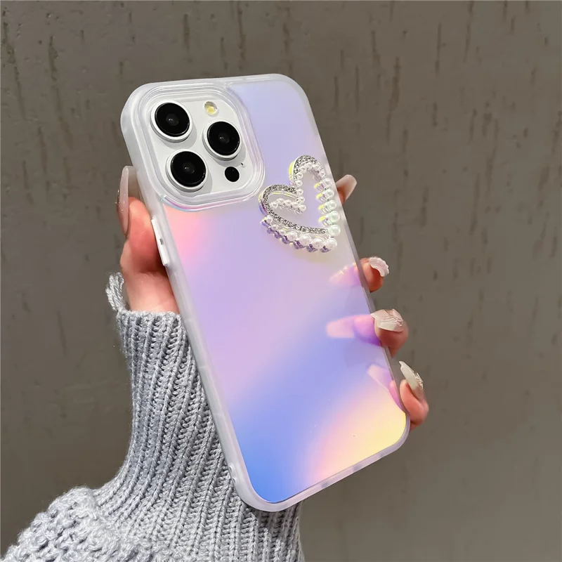 For iPhone 13 Pro 6.1 inch Case Laser Effect PC+TPU Pearls Heart Decor Matte Phone Cover - Transparent