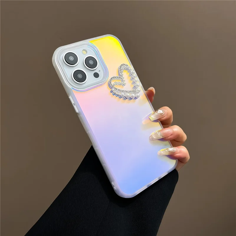For iPhone 13 Pro 6.1 inch Case Laser Effect PC+TPU Pearls Heart Decor Matte Phone Cover - Transparent