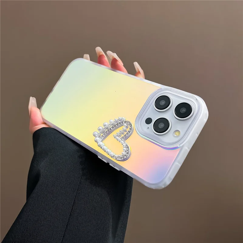 For iPhone 13 Pro 6.1 inch Case Laser Effect PC+TPU Pearls Heart Decor Matte Phone Cover - Transparent