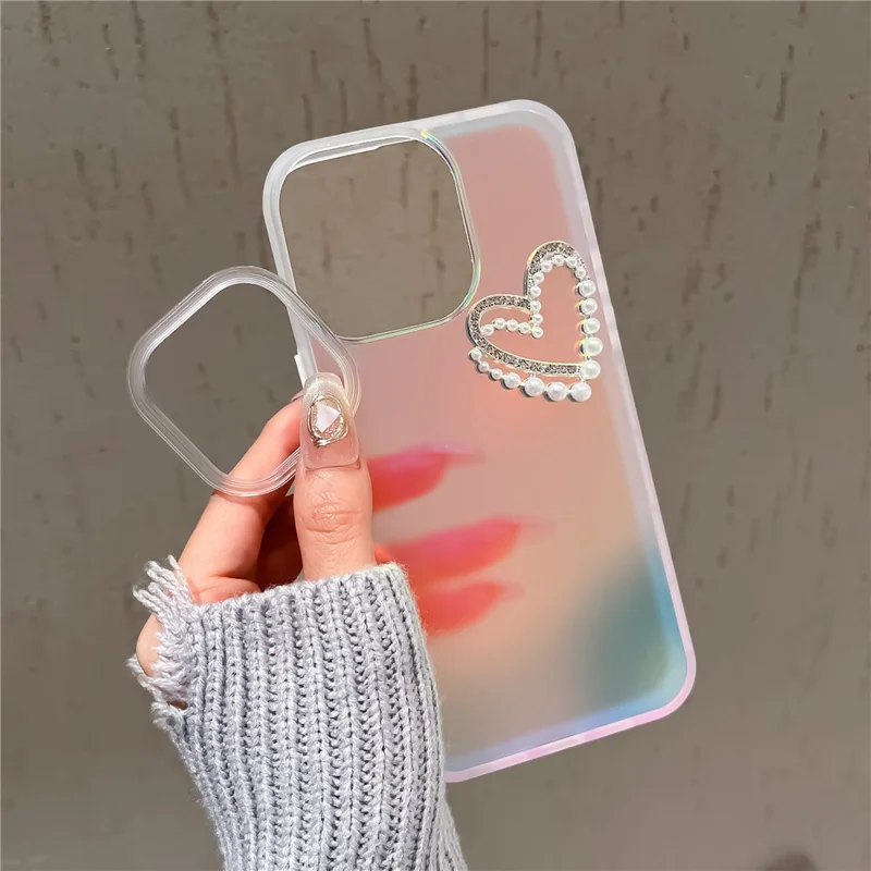 For iPhone 13 Pro 6.1 inch Case Laser Effect PC+TPU Pearls Heart Decor Matte Phone Cover - Transparent