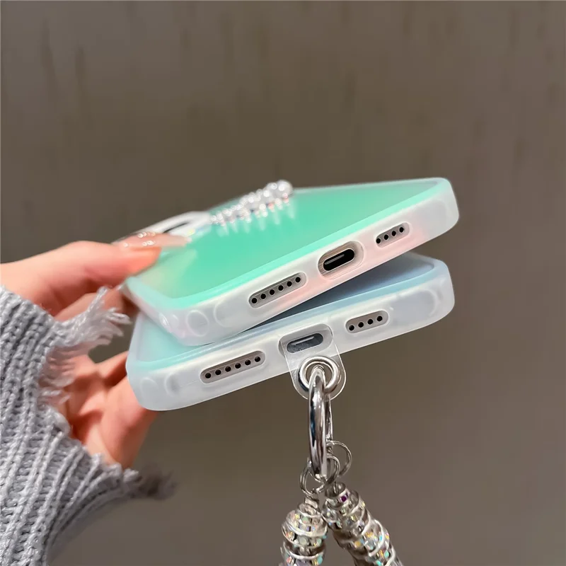 For iPhone 13 Pro 6.1 inch Case Laser Effect PC+TPU Pearls Heart Decor Matte Phone Cover - Transparent