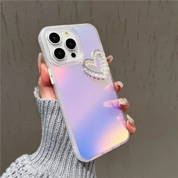 For iPhone 12 / 12 Pro Matte Case Shockproof PC+TPU Phone Cover with Pearls Heart Decor - Transparent